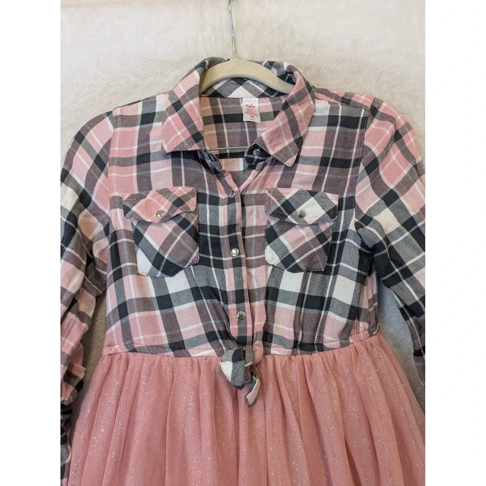Justice Girls Size 10 Pink Plaid Button Front Tie Tutu Dress Glitter Tulle Skirt
